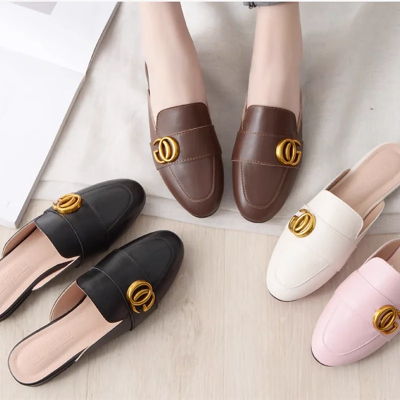 Lady Gold Metal Slides Round Toe Microfiber Soft Bottom For Tender Feet Wide Fits Beige Pink Fashionable Shoes For Summer 44-33