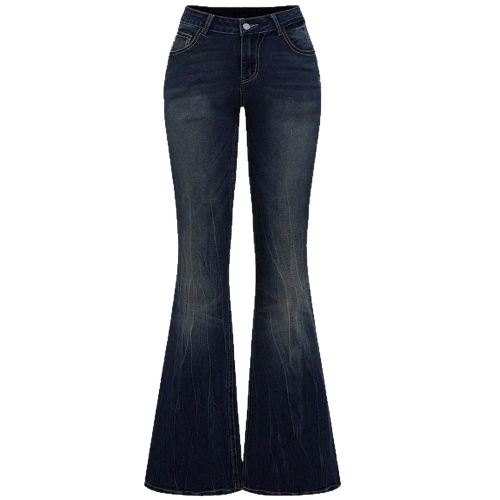 Jeans Flare Pants Women Vintage Boot Cut Embroidery Pockets Rhinestone Washed Female Distressed Denims Trousers Streetwear