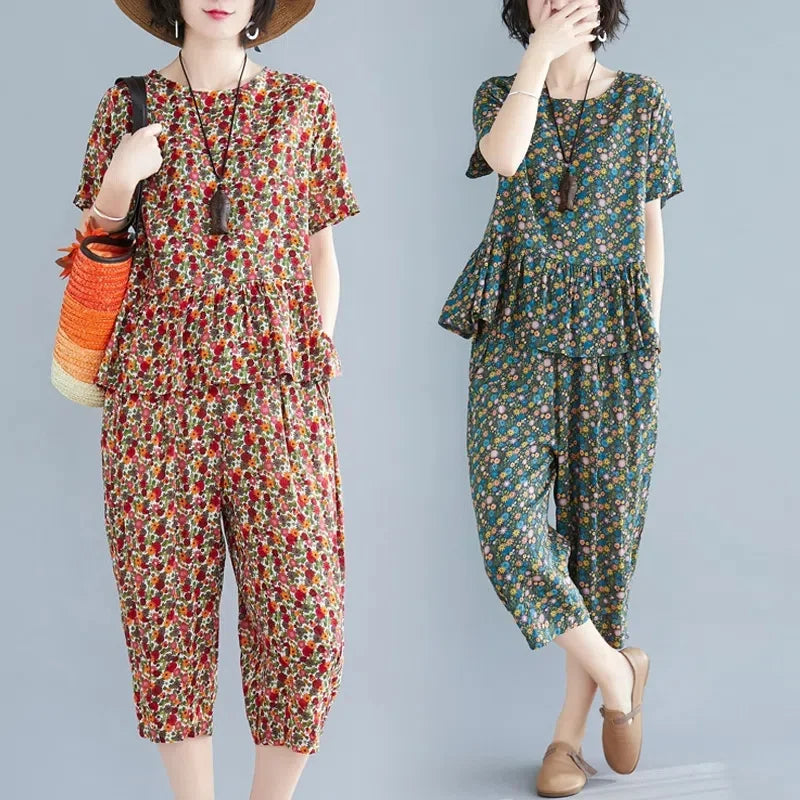 5XL Middle Aged Female Pants Suit Cotton Two Piece Set Women Summer