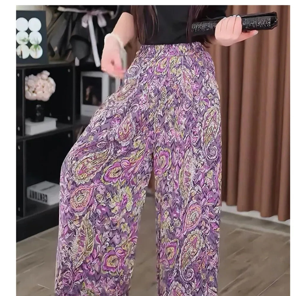 High Waist Summer New Style Printing Pocket Sunscreen Ice Silk Pants