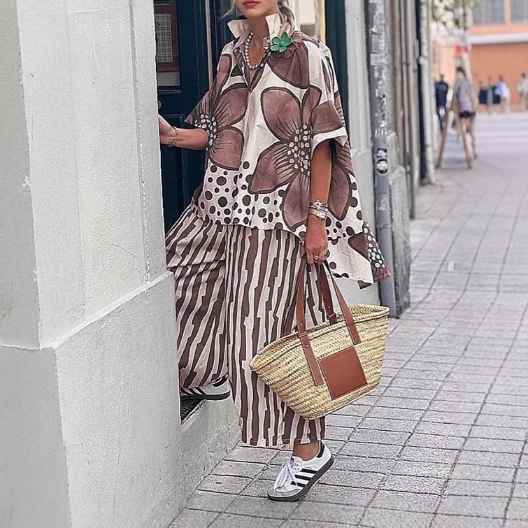 2 Piece Sets Women Summer Print Loungewear Long Pants Sets Vintage