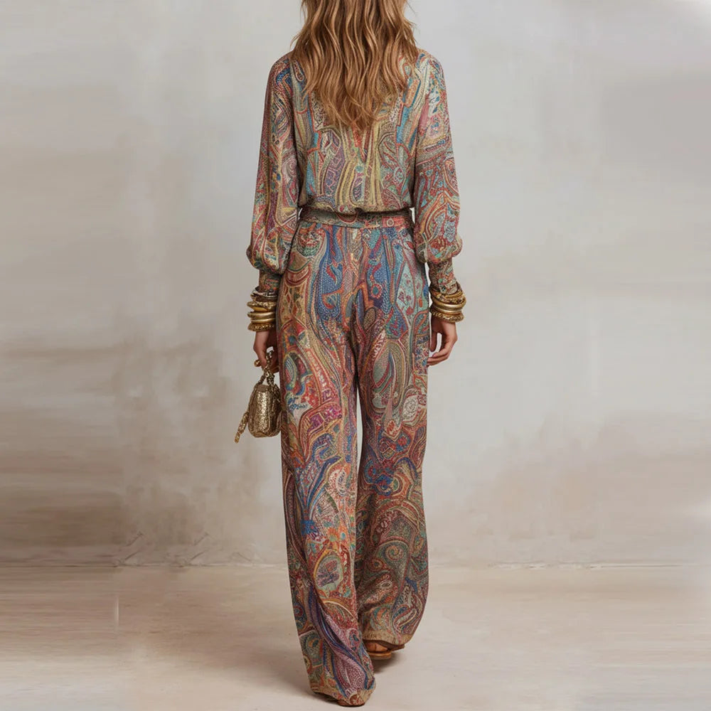 Boho Paisley Print Two-Piece Set for Women Sexy V-Neck Long Sleeve