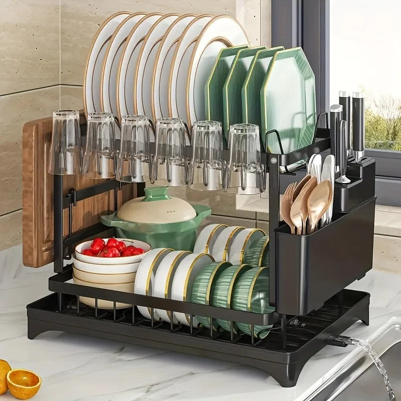 2-Tier Dish Drying Rack | Stainless Steel Drainer for Dishes, Bowls, Glasses & Utensils | Kitchen Countertop Storage