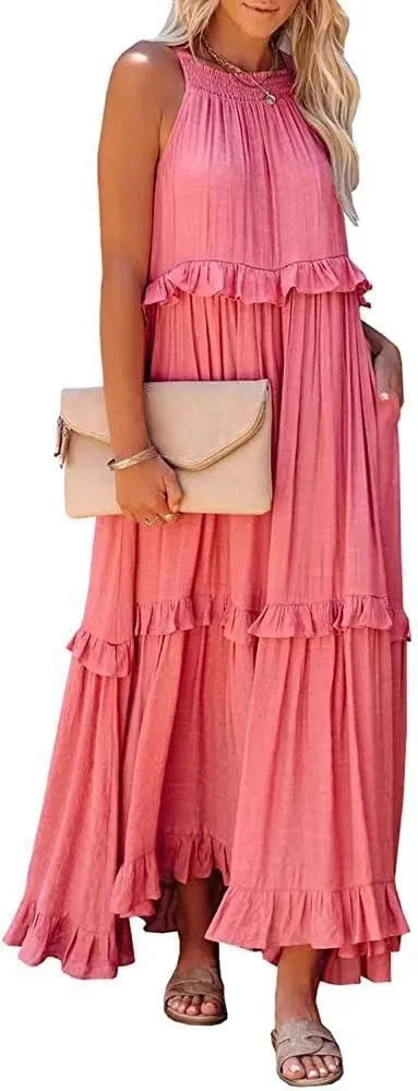 Elegant Apricot Ruffle Maxi Dress