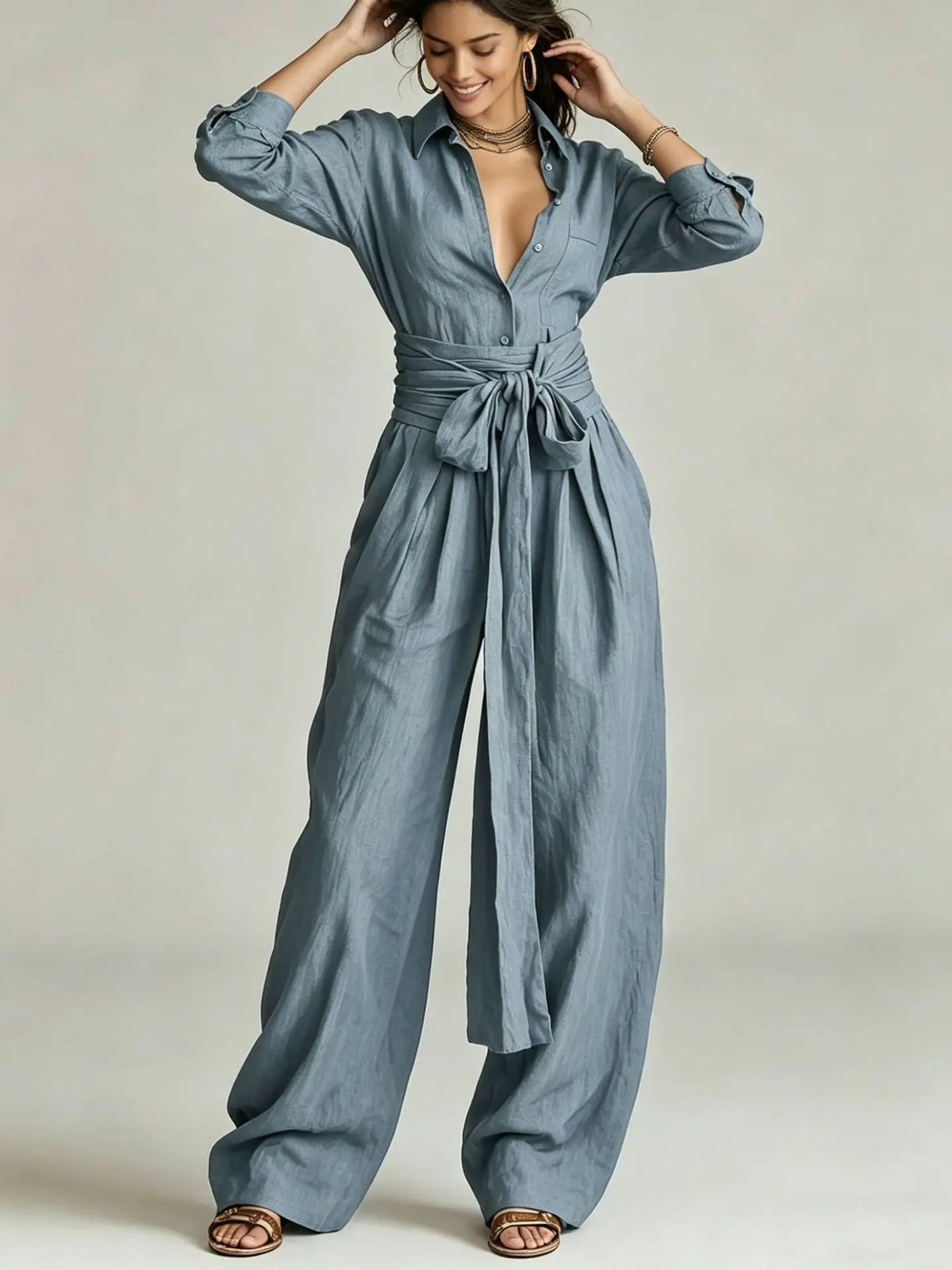 Temperament Female Two Piece Set Summer Fashion Lapel Strap Design Wide Leg Pants Suit With Pocket Lady High Waist Office Outfit