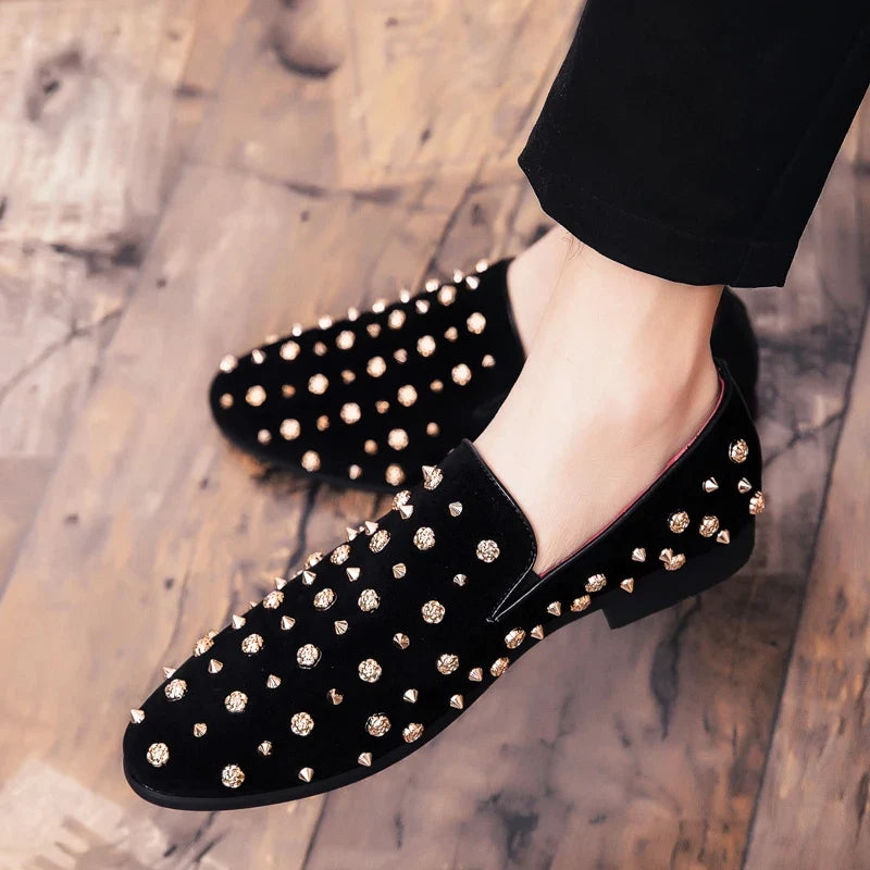 High Quality Casual Men Wedding Flats 2026 New Brand Black Spikes Mens Loafers Luxury Shoes Denim And Metal Sequins