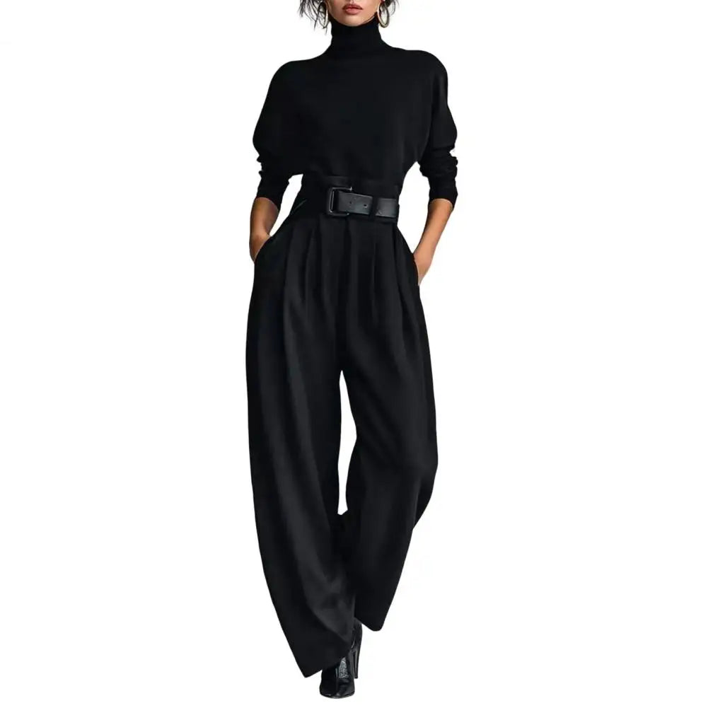 2 Piece Set Women's High-Neck Turtleneck Long Sleeve High-Waist Belted