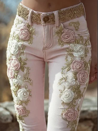 Womens Vintage Pink Rose Embroidery Art Print Jeans Elegant Casual Trousers High Waist Fashion Pants