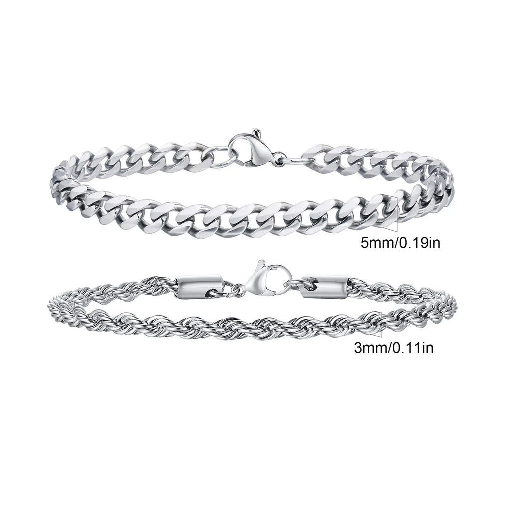 2pcs Men's Chain Bracelets, Stainless Steel Silver Gold Black Color