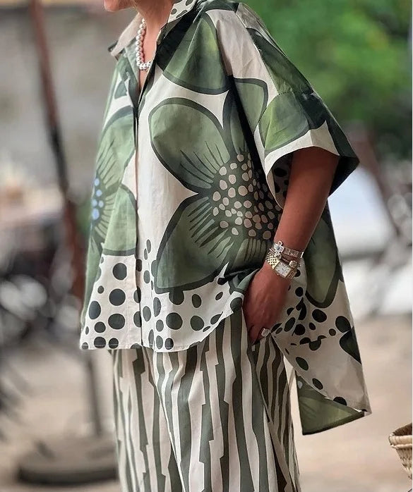 2 Piece Sets Women Summer Print Loungewear Long Pants Sets Vintage