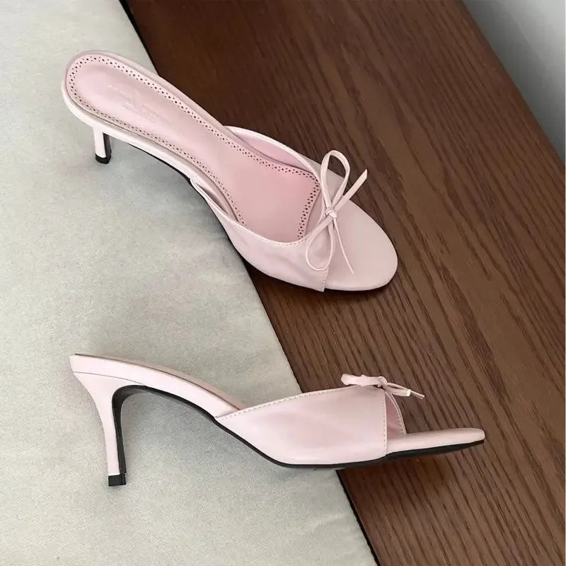 Satin Butterfly-knot Women Slippers Fashion Polka Dot Party Dress Slides Thin High Heel Ladies Elegant Slides Pump