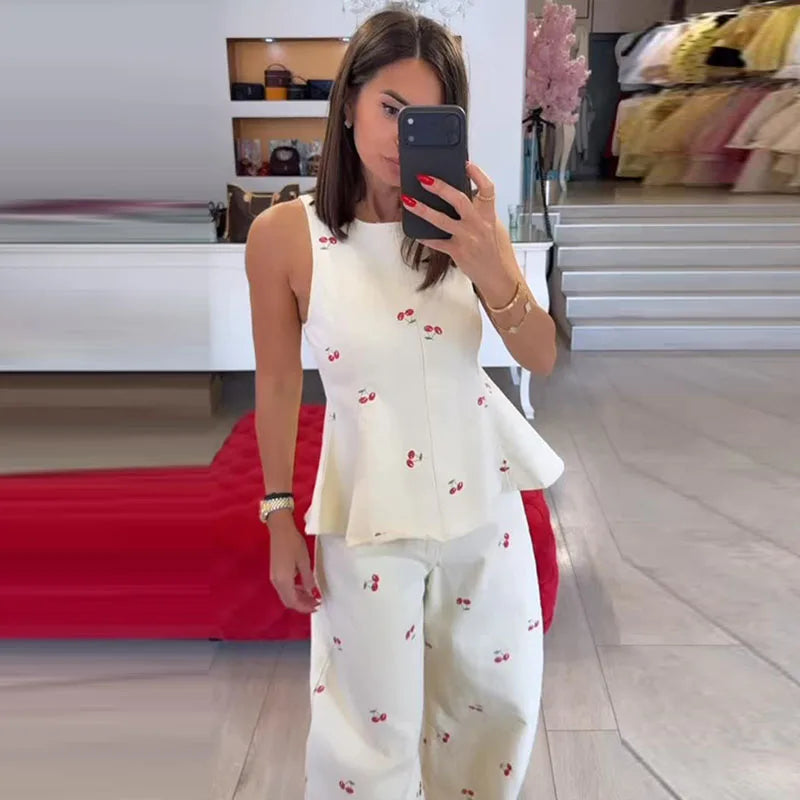 Casual Printed Women's Top Trouser Suits Sleeveless O-Neck Wide Leg