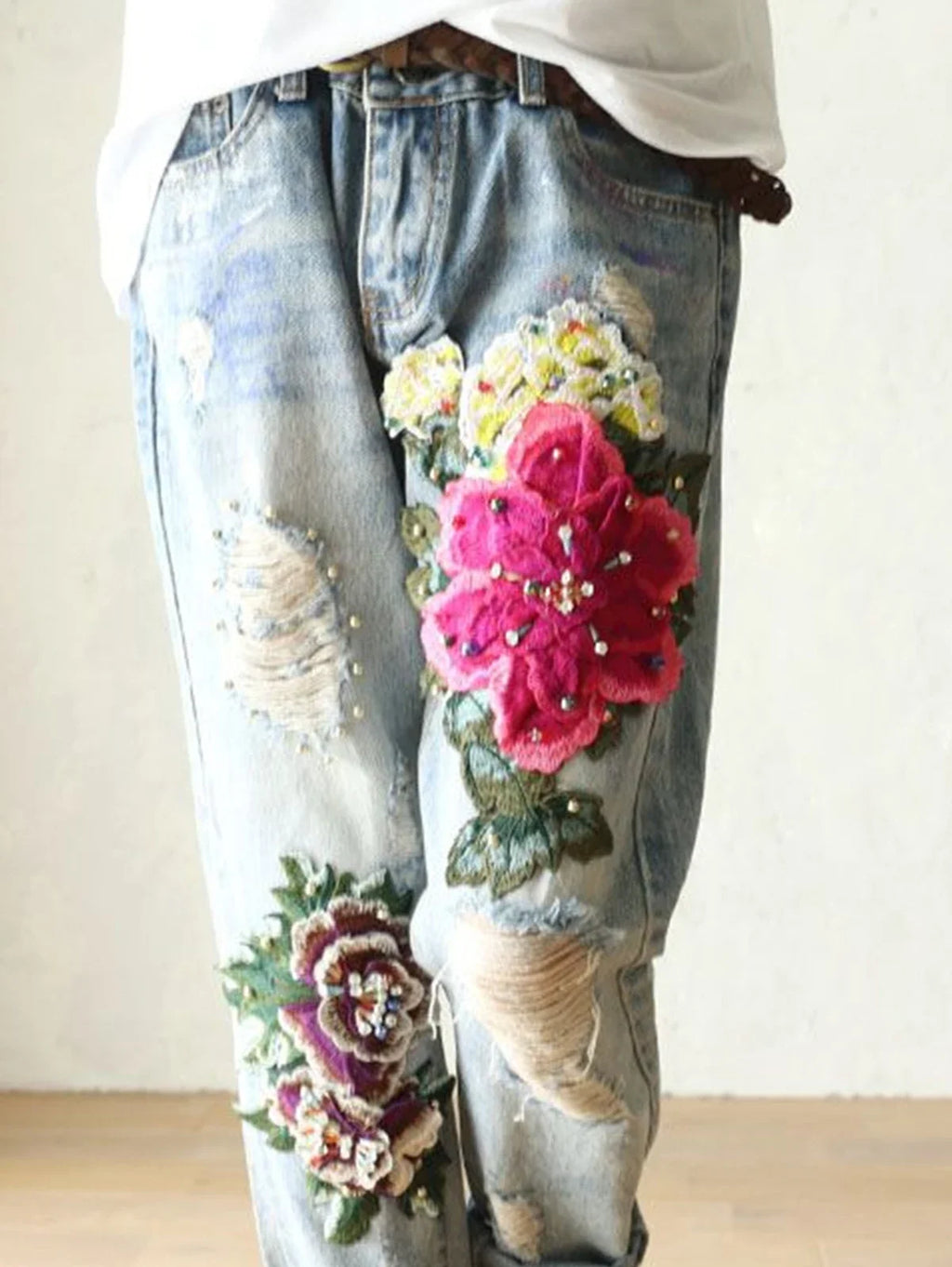 Fashion Jeans for Women Summer Casual Floral Embroidery Denim Trousers