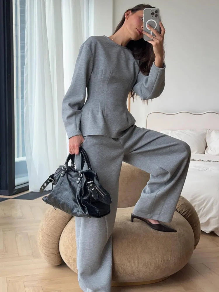 BJTZ Spring Autumn Women Solid Crew Neck Long Sleeve Top Wide Leg
