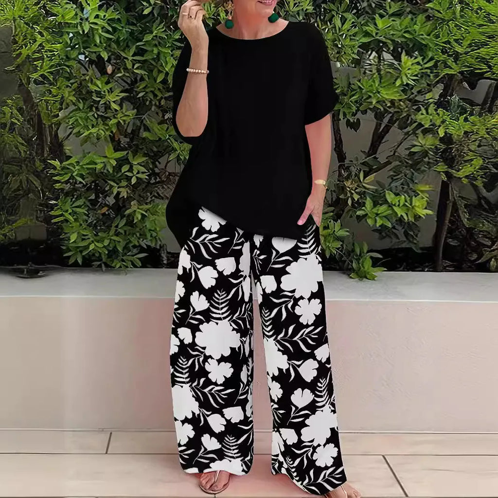Wide Leg Pant Two Piece Set Women Fashion Short Sleeve Shirt and Pant