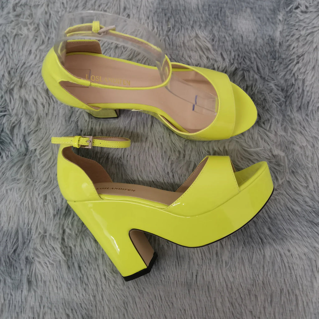 LOSLANDIFEN Women Sandals Summer Colourful Sexy Peep Toe Buckle Strap Sandal Platform Thick High Heels Party Red Wedding Shoes