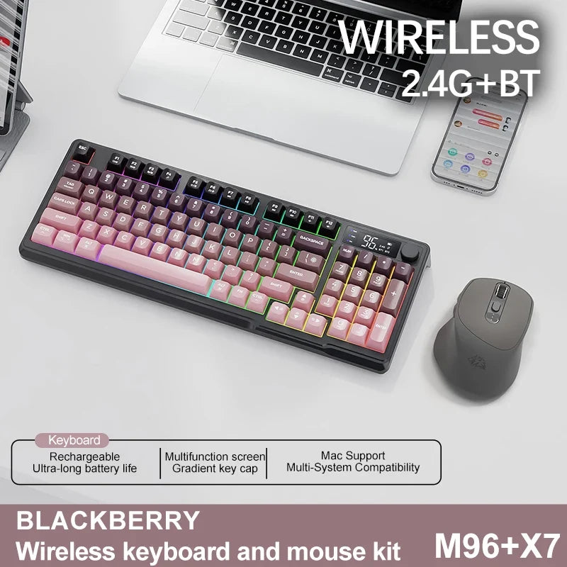 FREEWOLF M96™ Wireless Keyboard & Mouse Combo – Bluetooth 5.0 & 2.4G, Smart Screen, 96 Keys, RGB Backlit, Silent, PBT Keycaps, Multimedia Knob, X7 4000 DPI Mouse | FlipStylez LLC®