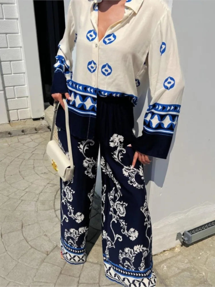 Spring New Printed Pants Sets Women Fashion Casual Loose Long Sleeve