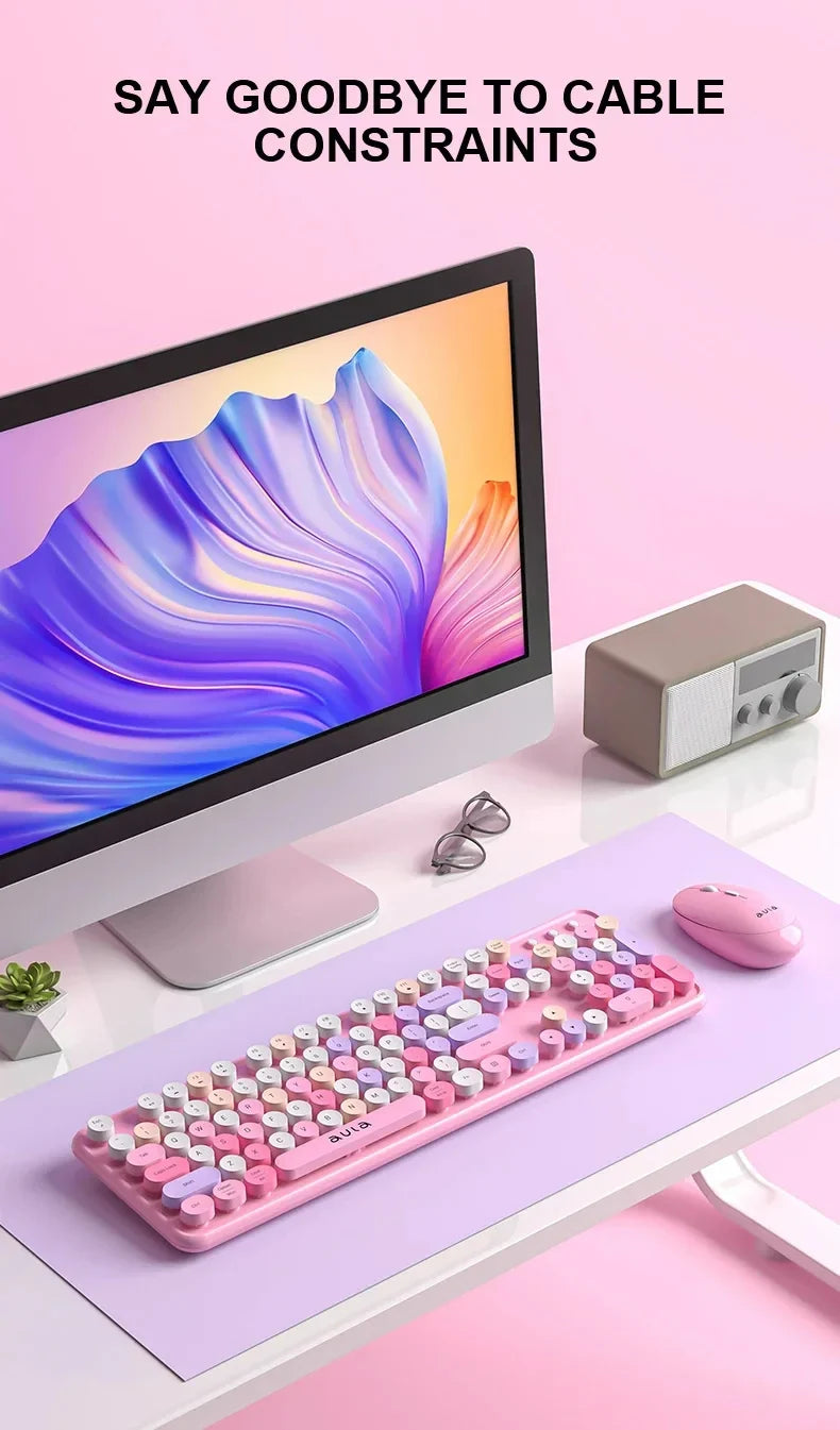 AULA AC306™ Wireless Retro Round Keycap Keyboard & Mouse Set – Silent 2.4G, Pink & Coffee | FlipStylez LLC®