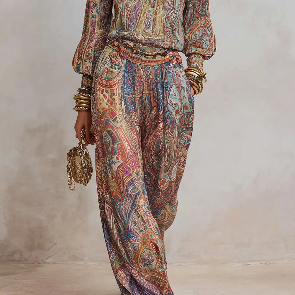 Boho Paisley Print Two-Piece Set for Women Sexy V-Neck Long Sleeve
