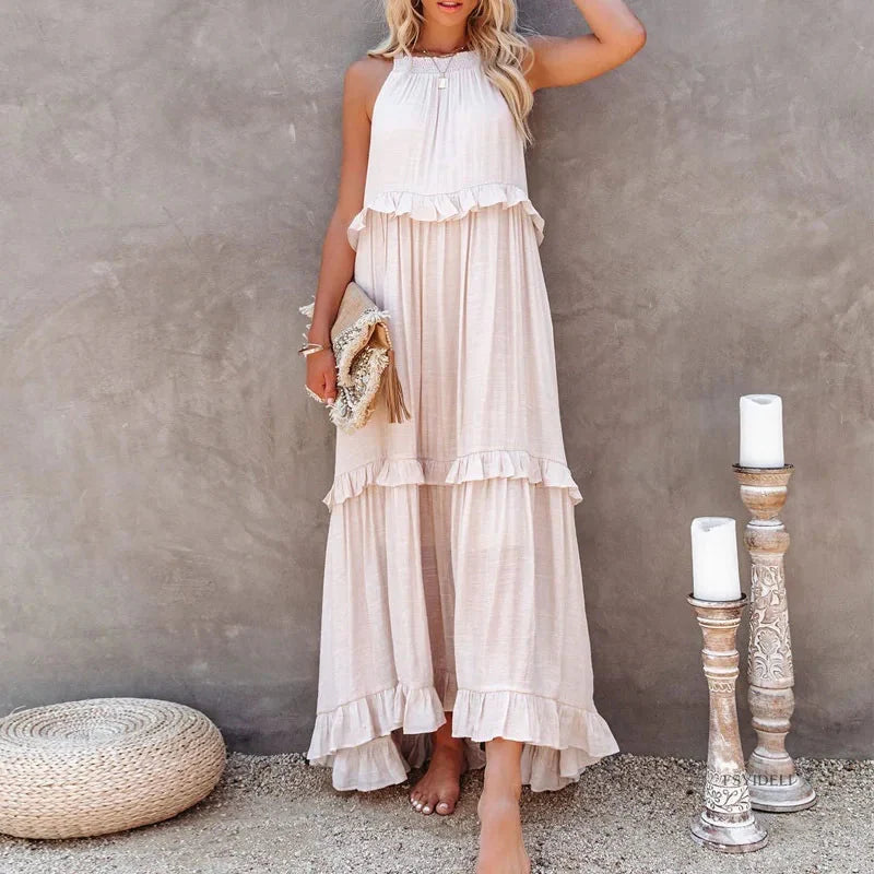 Elegant Apricot Ruffle Maxi Dress