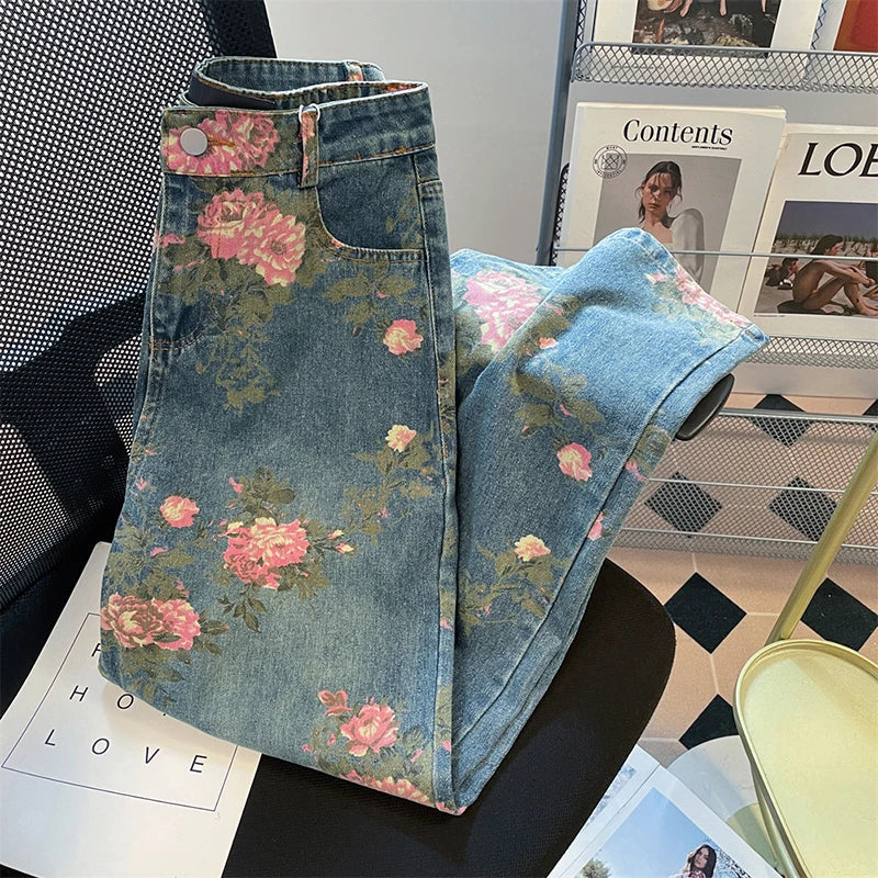 Retro Rose Flowers Print Jeans for Women American Style Oversize High Waist Wide Leg Denim Pants Casual Loose Straight Jeans