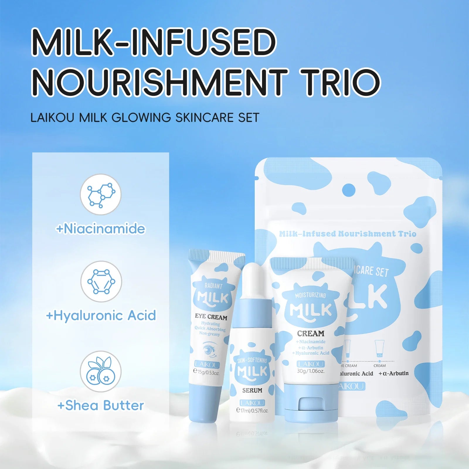LAIKOU Milk Glowing Trio Set Deep Nourishment Kit Hydrating Skincare Non-Greasy Serum Eye Cream Moisturizer Gift Set