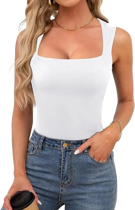 Sexy Slimming T-Shirts for Women Fashion Square Neck Sleeveless Tops Harajuku Tanks Woman Clothes Casual Top Tees Streetwear