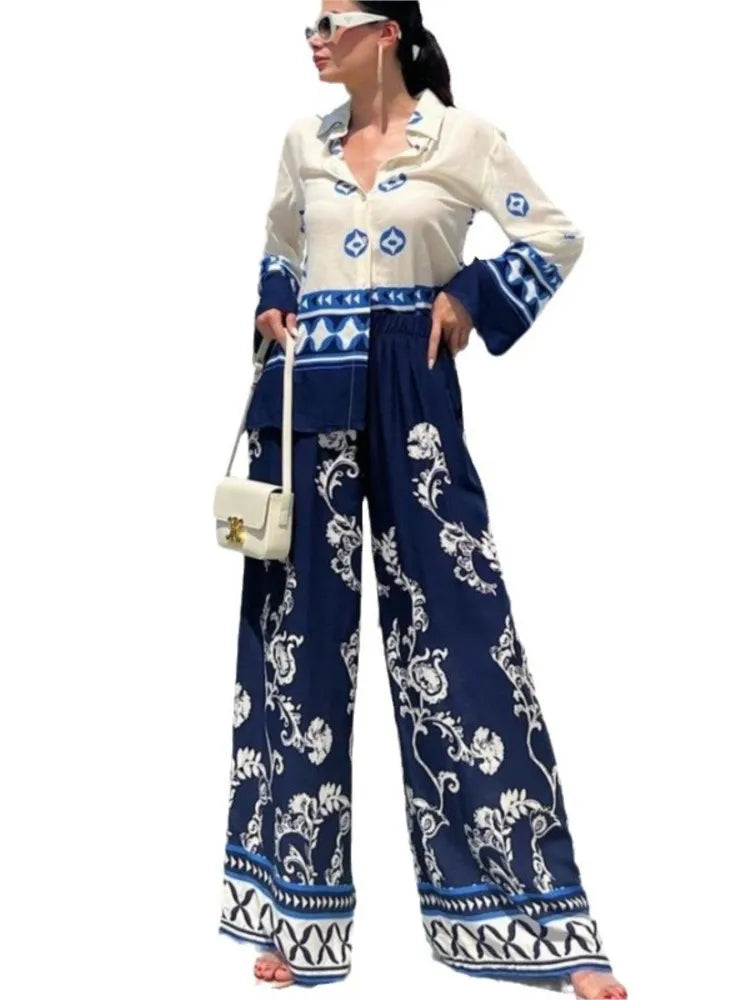 Spring New Printed Pants Sets Women Fashion Casual Loose Long Sleeve