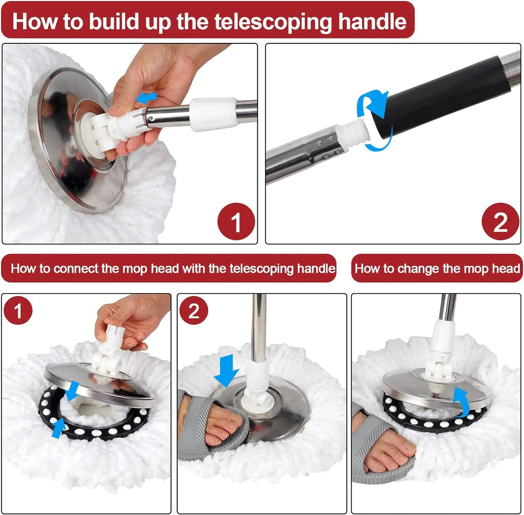 360° Spin Mop Bucket Sets with Wring System in 3 Microfiber Heads