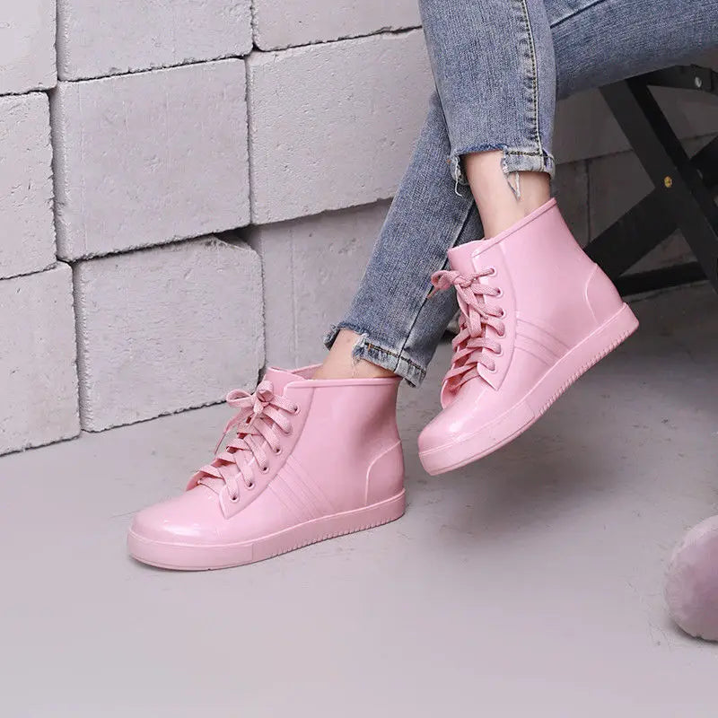 Fashion Lace Up Rainshoes Womens Light Blue Rain Boots Woman Oxfords Style Water Shoes Girls PVC Ankle Rainboots Green Galoshes