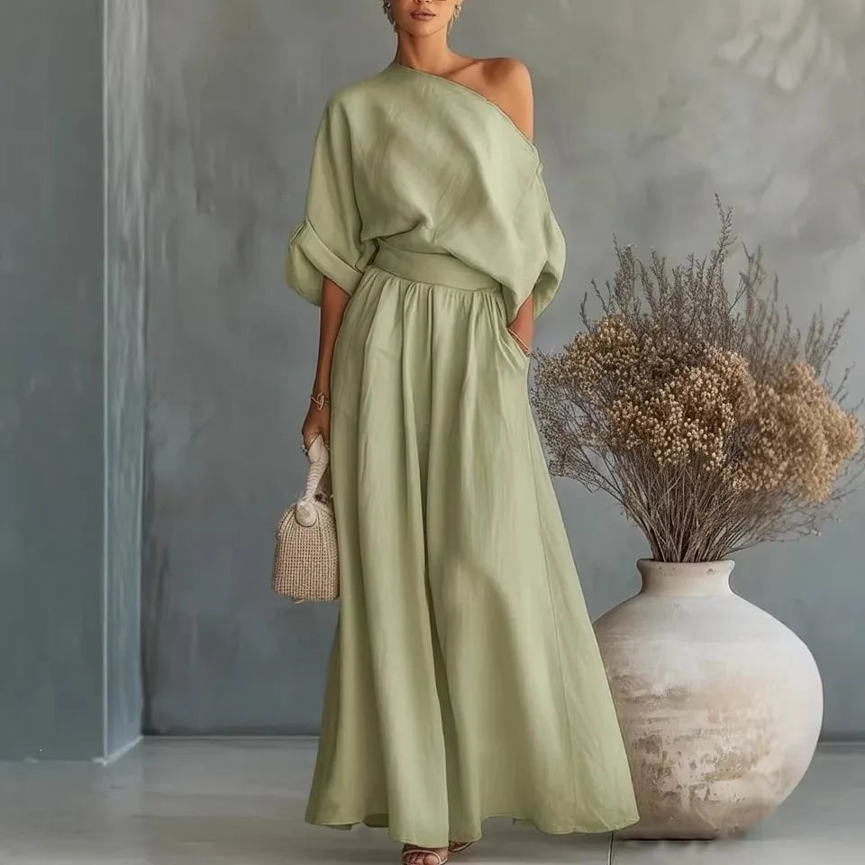 Elegant Two-Piece Short Sleeve Top & Casual Pants Set Woman Sexy Slash