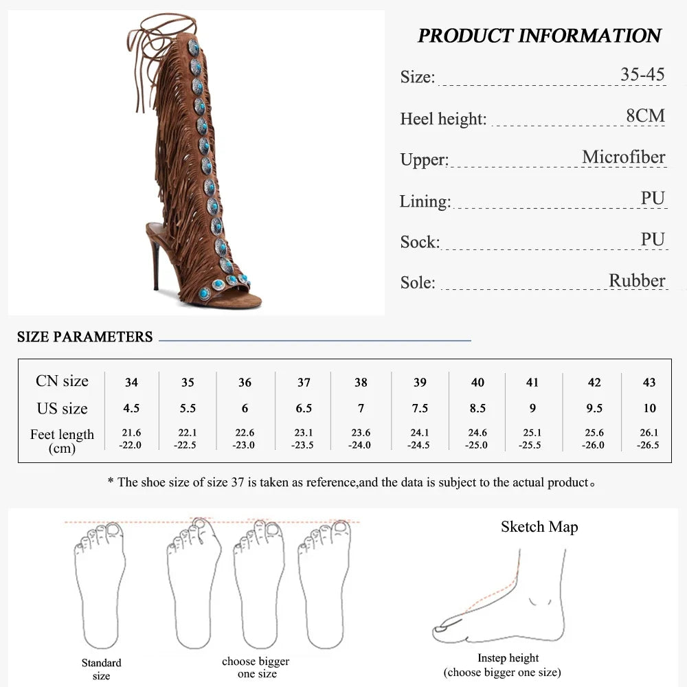 GMQM 2025 New Summer Festival Women's Knee High Boots Fringe Strappy Sandals Open Toe Lace-up Tassels High Heel For Dressy Shoes