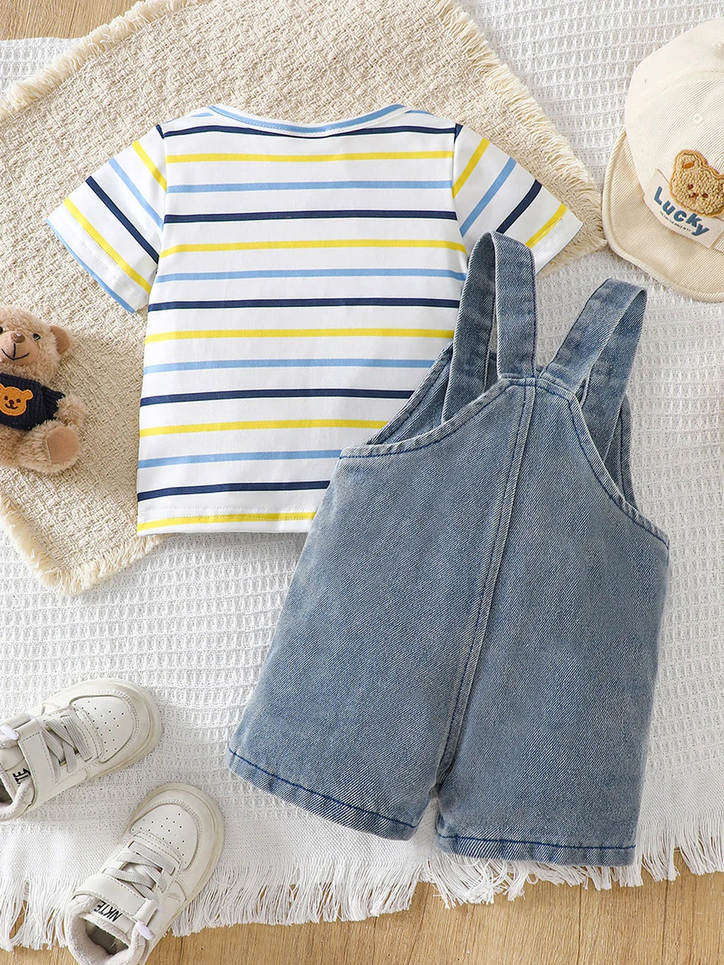 Baby Boy Striped Short-Sleeved T-Shirt + Bear Denim Overalls Shorts