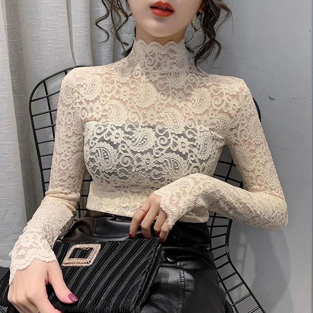 Blouse Women Transparent Lace T Shirt Stretch Turtleneck Petal Sleeve