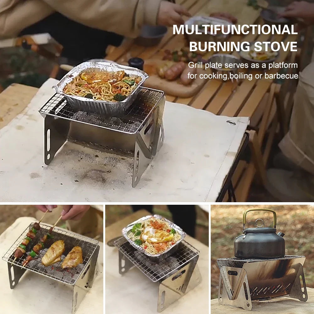 Camping Wood Burning Stove with Grill Plate Outdoor Portable Folding