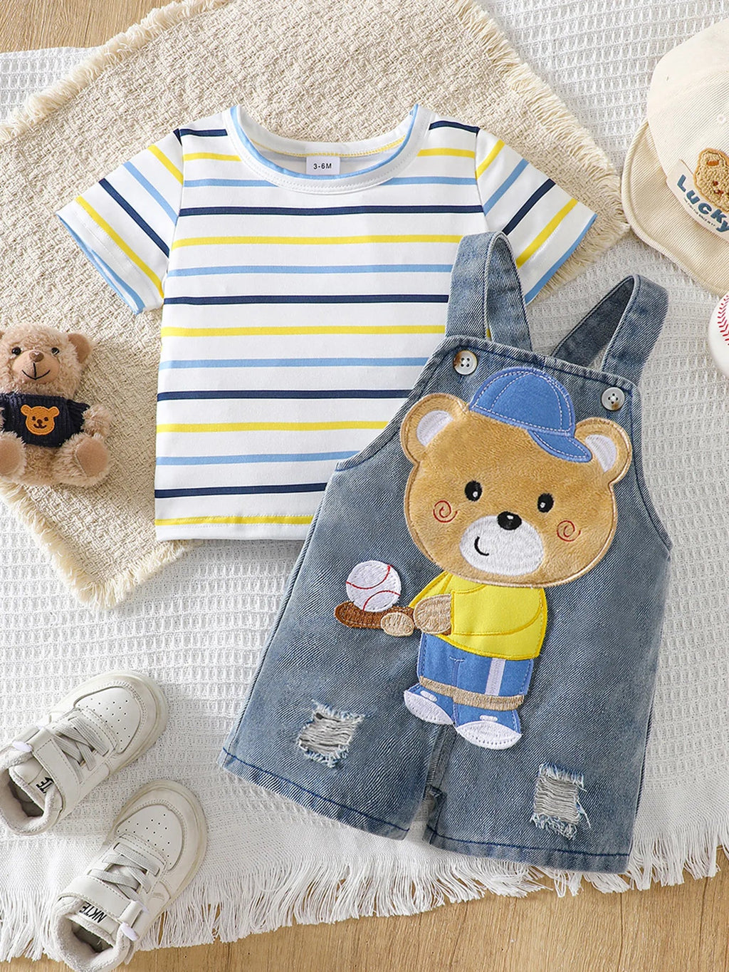 Baby Boy Striped Short-Sleeved T-Shirt + Bear Denim Overalls Shorts
