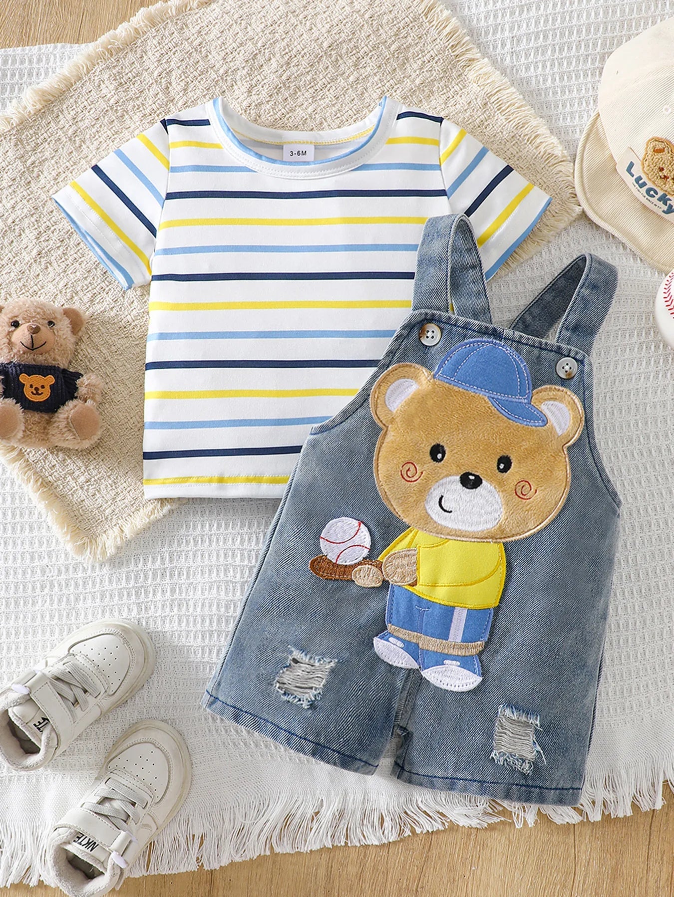 Baby Boy Striped Short-Sleeved T-Shirt + Bear Denim Overalls Shorts