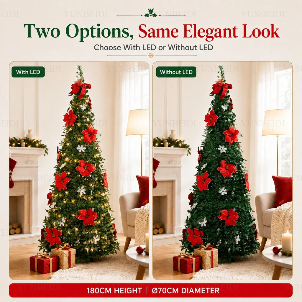 Foldable Integrated Artificial Christmas Tree with Ornaments LED Lights Exquisite 180CM Christmas Tree Home Christmas Decoration