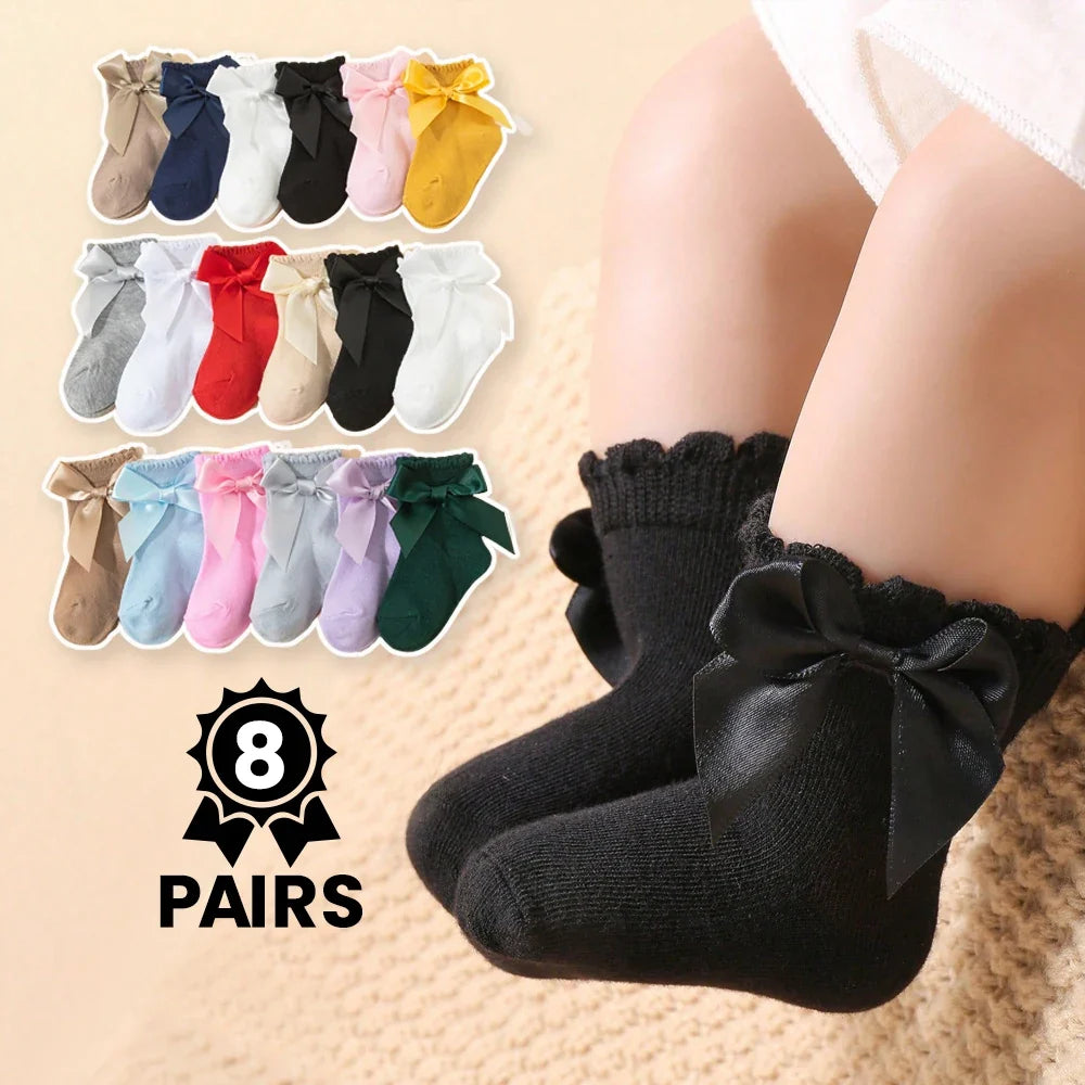 8 Pairs Random Kids Girls Socks with Bow Breathable Short Socks