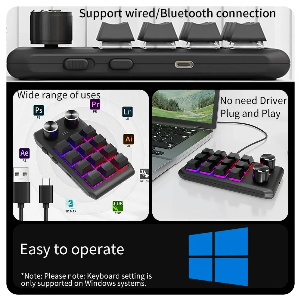 Bluetooth Programming Macro Custom Keyboard RGB 12 Keys 2 Knobs Copy Paste Photoshop Gaming Keypad Mechanical Hotswap Macropad