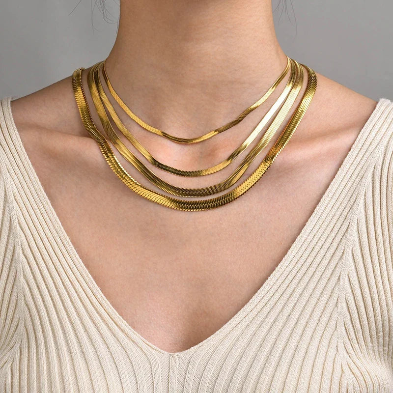 Hot Classic Unisex Flat Snake Chain Choker Necklace For Women Stainless Steel Herringbone Gold Silver Color Fashion Jewelry Gift