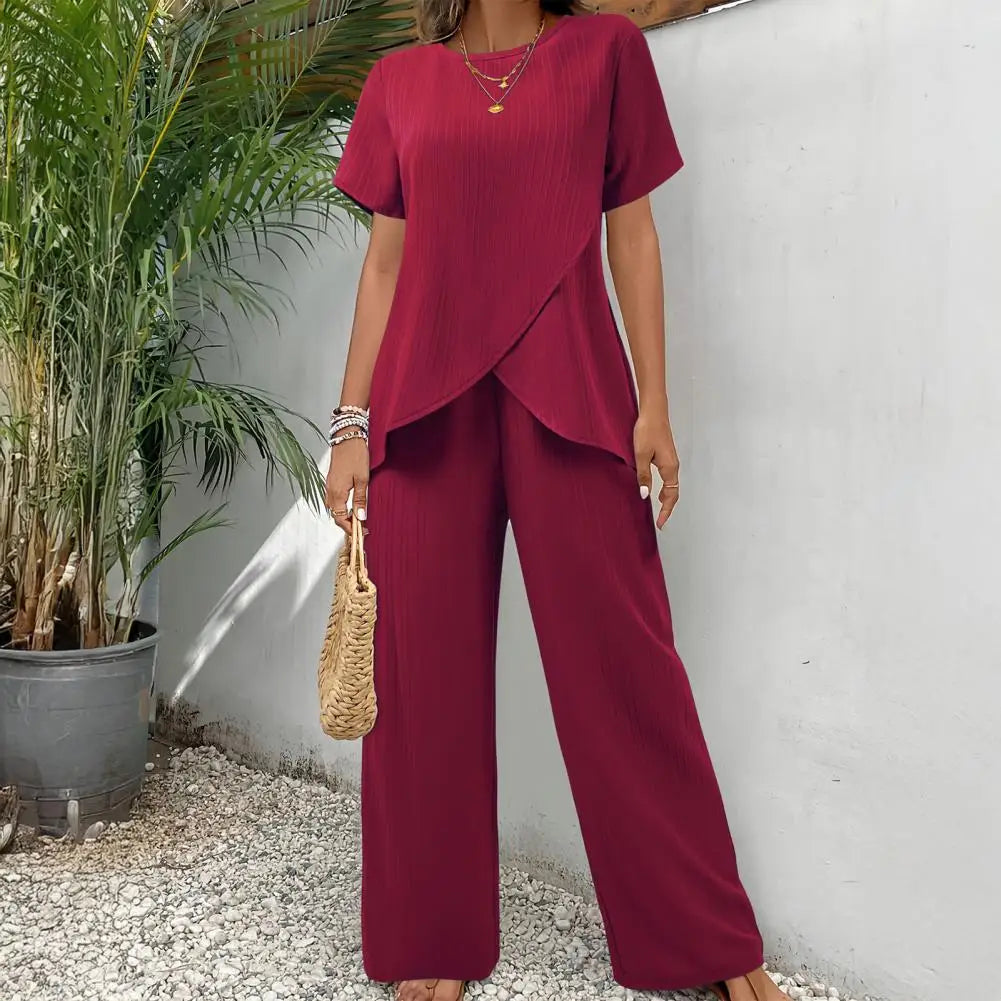 Casual Solid Suit Women Summer Fashion Round Neck Short Sleeve