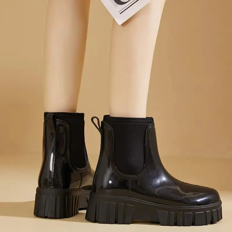 PVC Fashion Rain Boots Shoes For Women Solid Anti-slip Wear-resistant Thick Soled Shoes Low Cut High Top Round Toe Waterproof Water Shoes