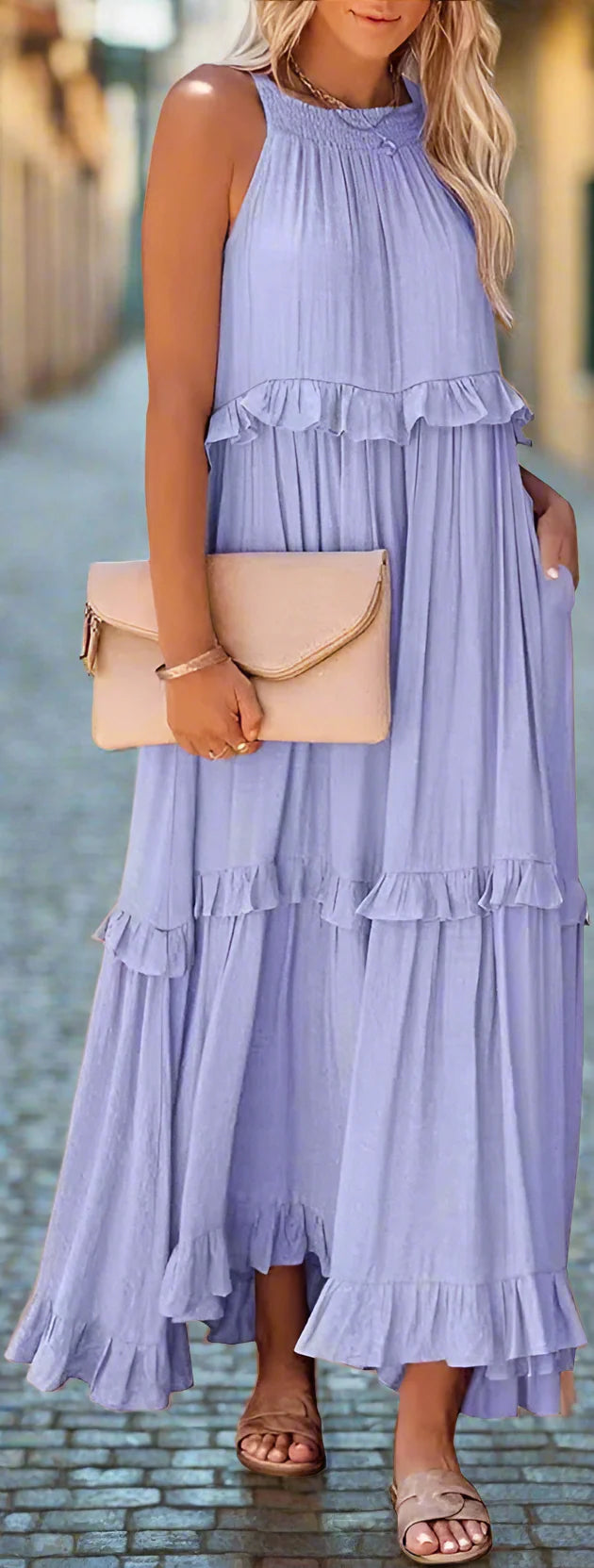 Elegant Apricot Ruffle Maxi Dress