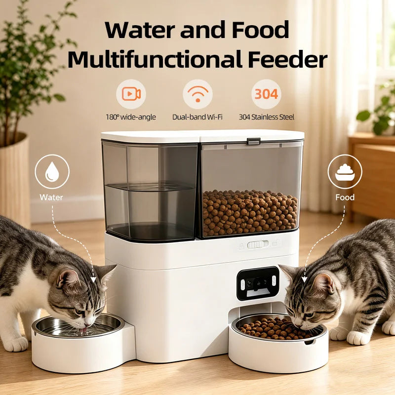 Pet Food and Water Dispenser 5L+3L Tuya APP Camera Automatic Cat Feeder Smart Pet Feeder for Cats Dogs Stainless Steel Bowl