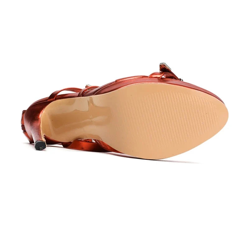 Girseaby Sexy Women Sandals Buckles Open Toe 12cm Stiletto High Heels Green Purple Gold Silver Big Size 46 48 50 52 US14 US17