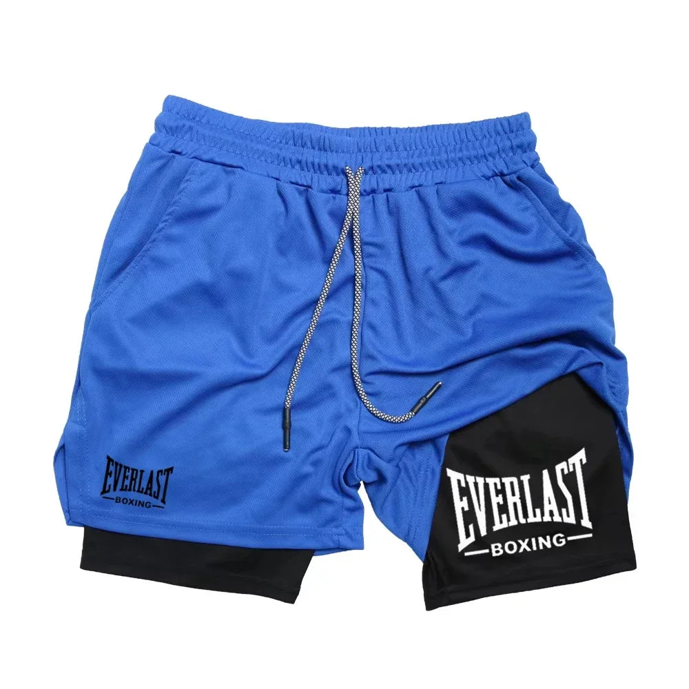 Men's compression gym shorts, EVERLAST printed sports pants, double layered, quick drying, basketball, muscle, fitness