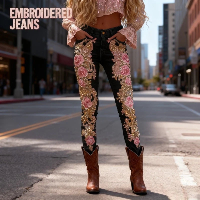 3D Floral Women's Straight Leg Jeans Fashionable and Casual Stretch
