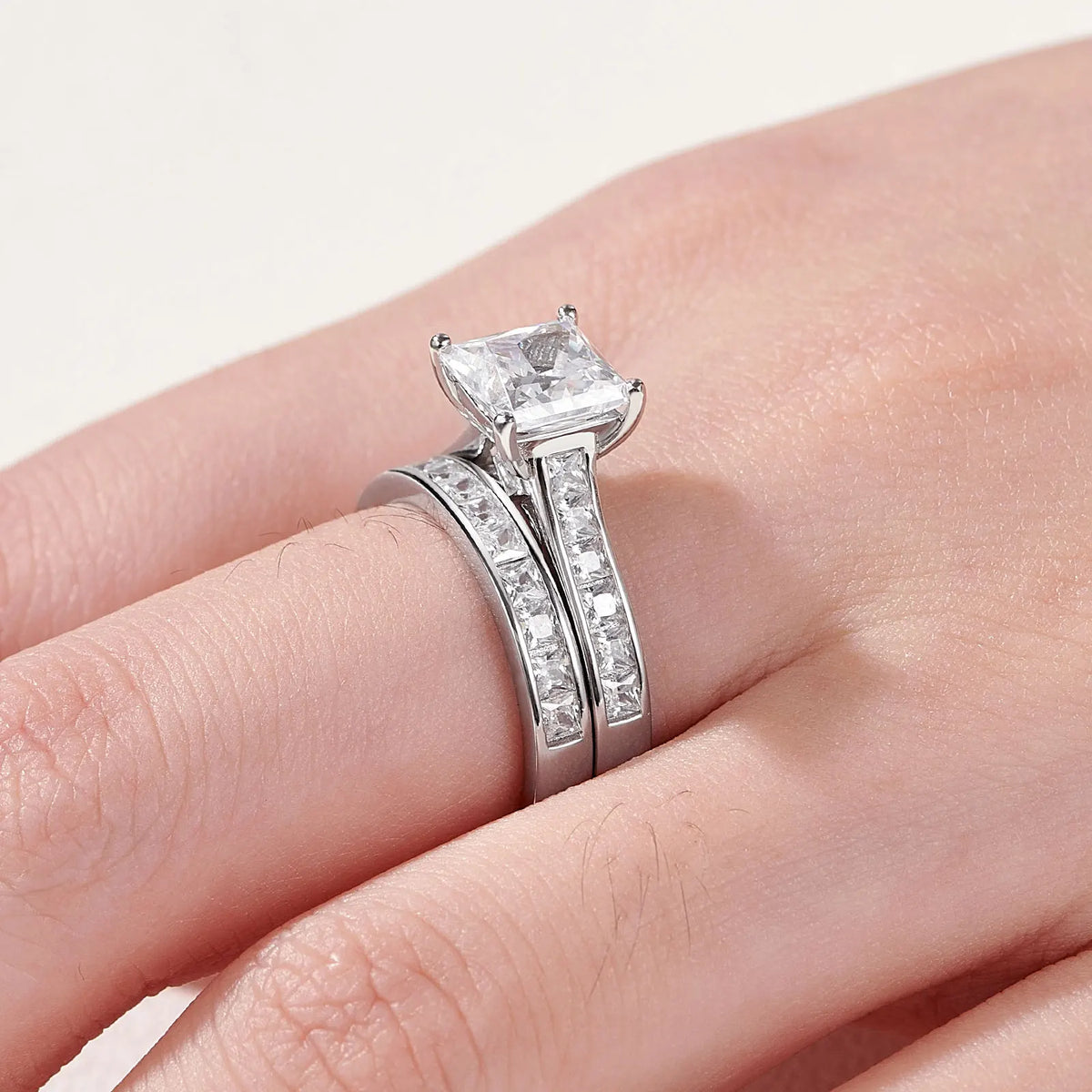 Newshe 2 Pcs GRA Certified Moissanite Princess Cut Wedding Rings Set for Women 925 Sterling Silver Engagement Ring Jewelry